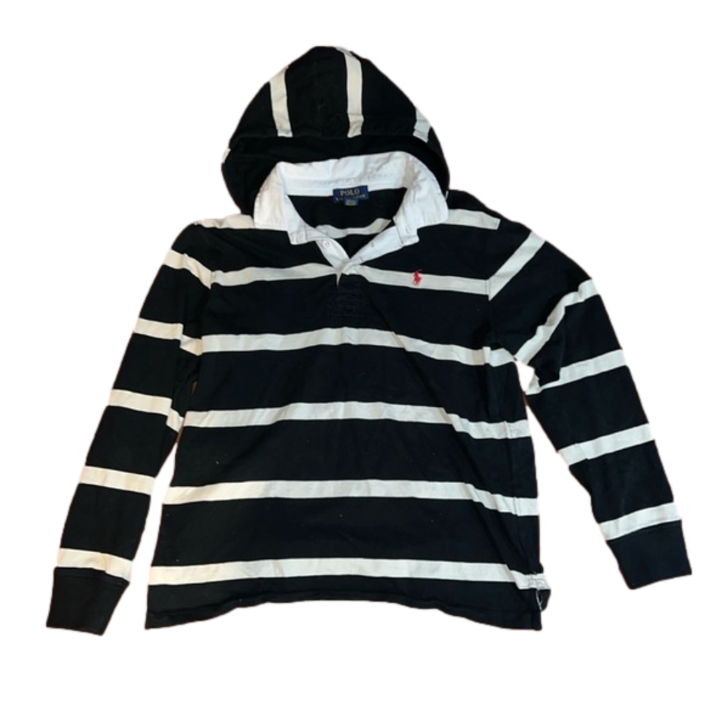 size L girls black & white strip polo Ralph Lauren hoodie w/ buttons at collar